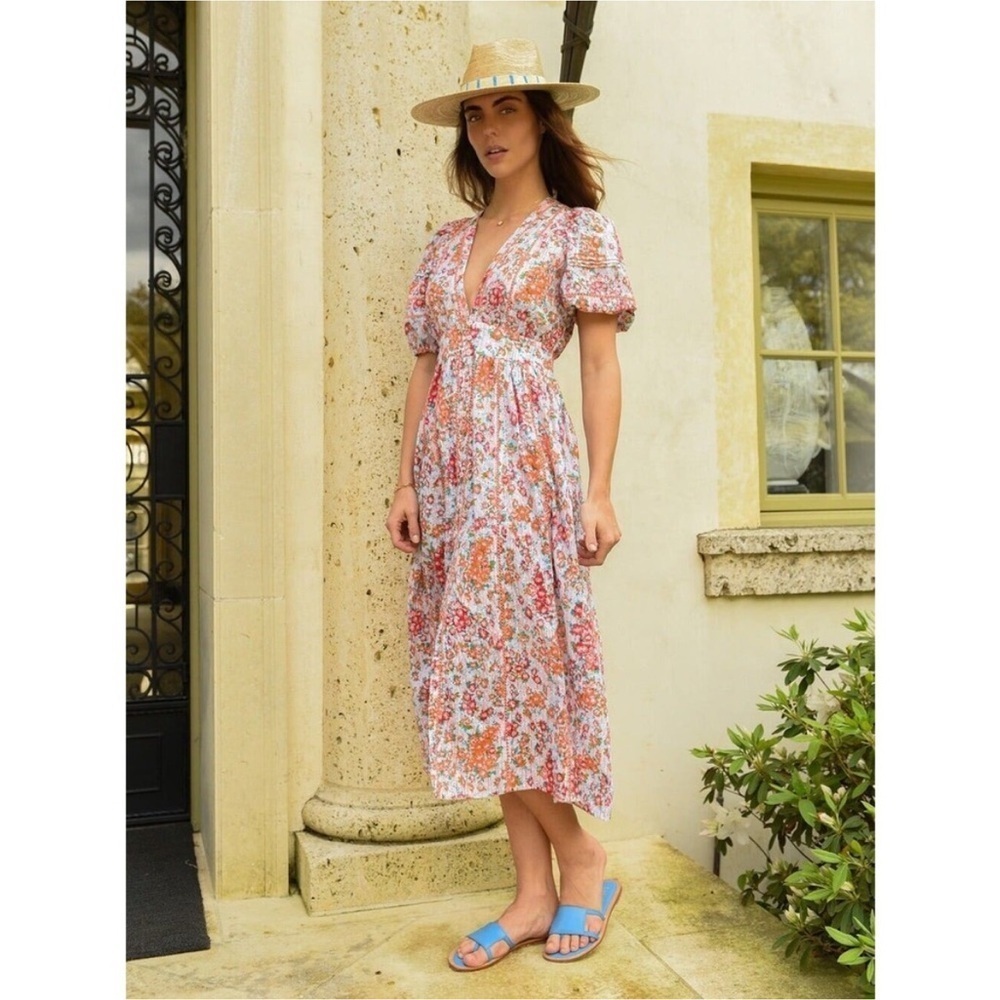 Poupette St. Barth Reine Orange and Pink Eyelet Midi Dress Puff Sleeve Small